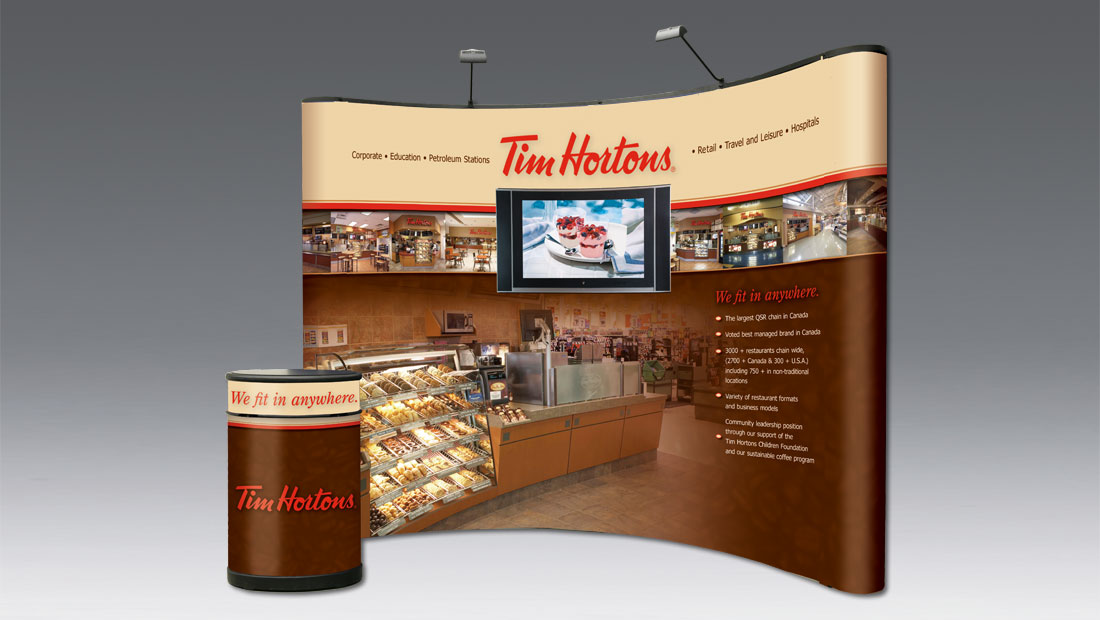 Custom trade show booth display with podium and flat screen tv print and design Toronto Tim Hortons