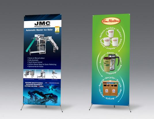Creative x banner stands print and design for trade shows Tim Hortons and JMC Packaging
