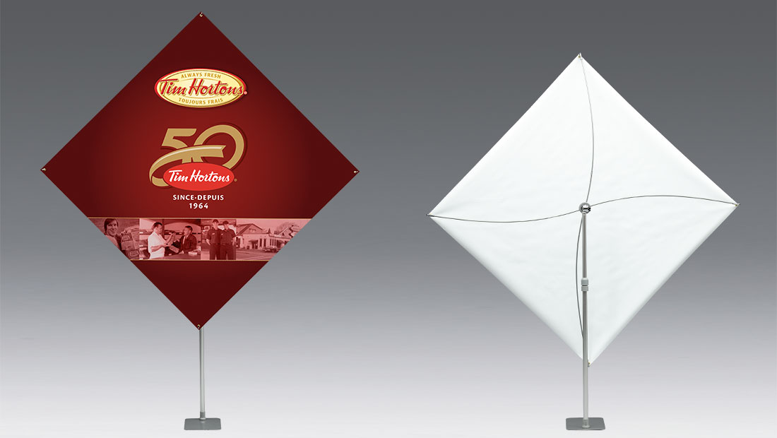 Adjustable versatile banner stand print and design with rotation and tilt function Tim Hortons