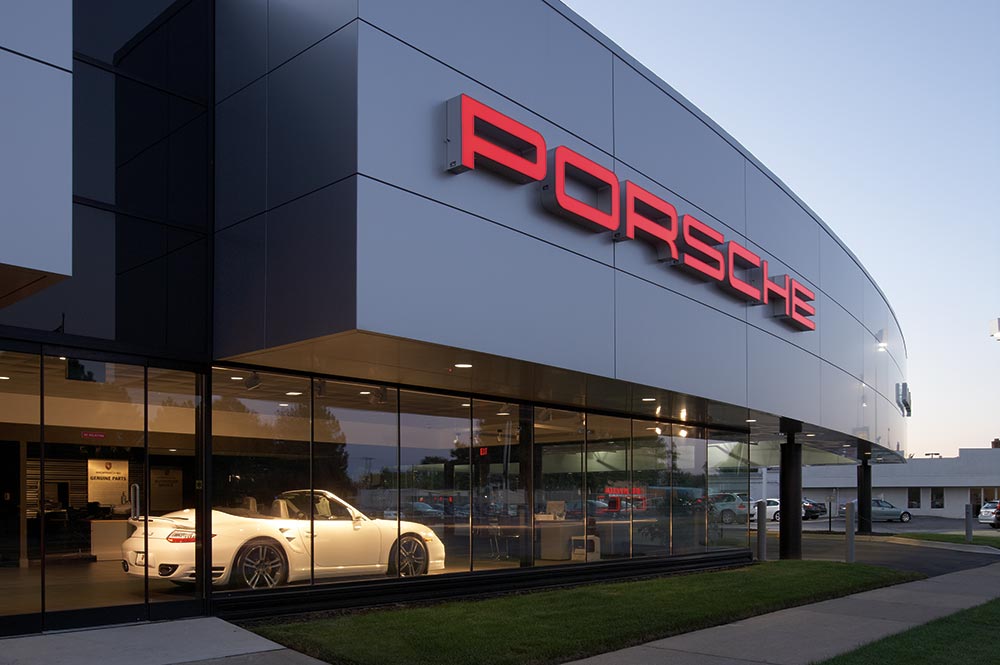 Exterior building photography of Porsche dealership for advertising